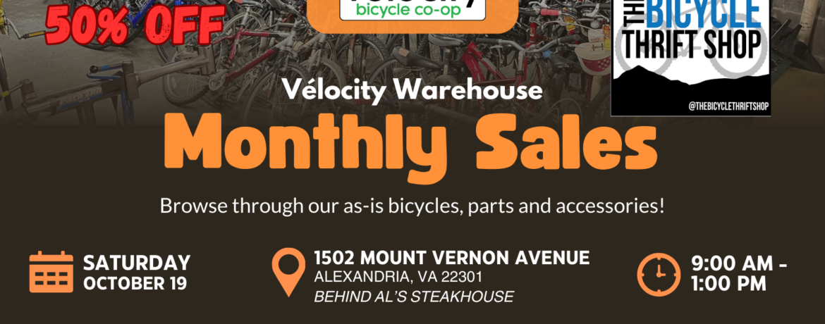 A warehouse full of used bikes, Velocity logo and Bicycle Thrift Shop logo, 50 percent off October 19, 2024