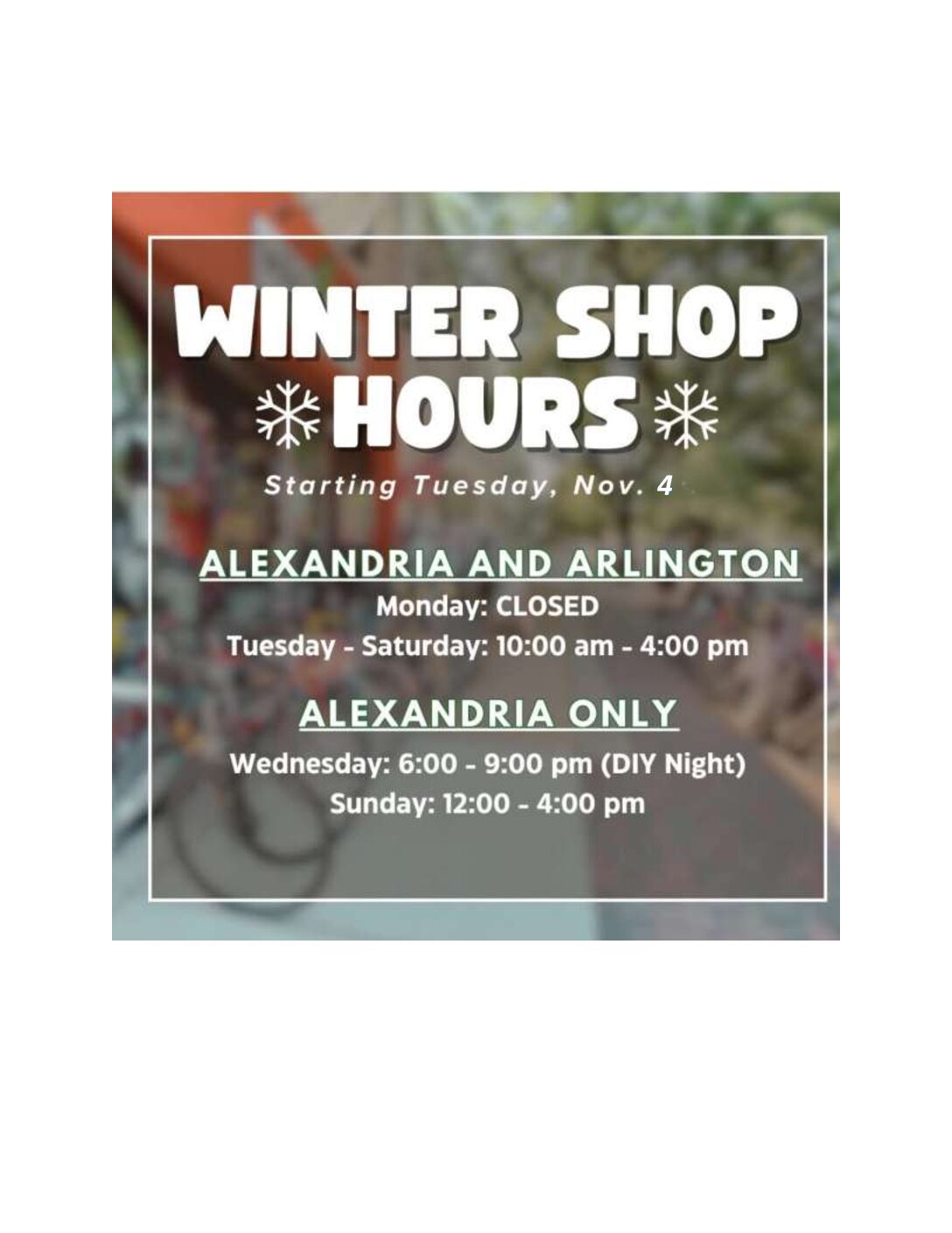 Vélocity Winter Shop Hours Effective Nov 4
